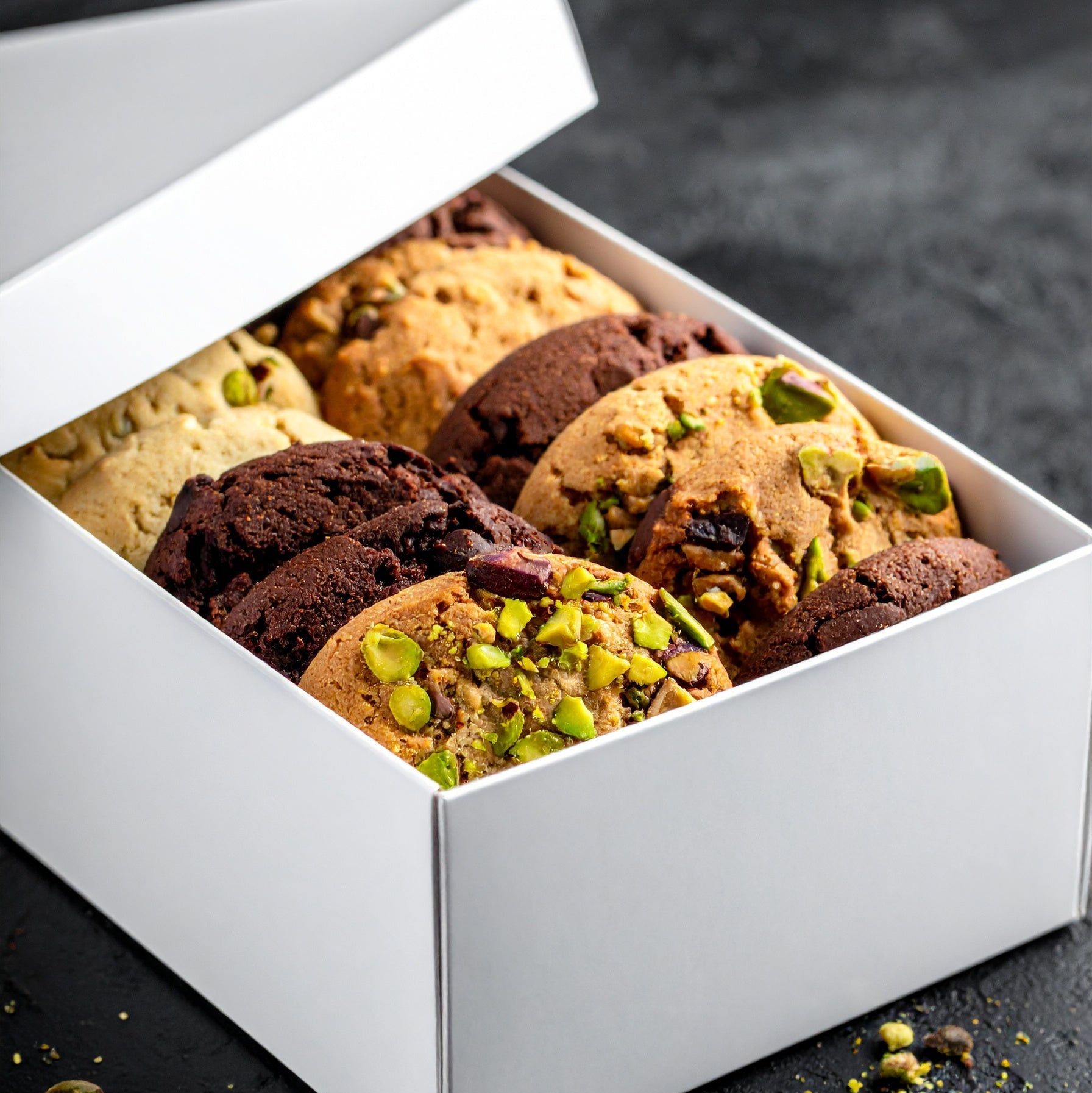 Cookie : Pistache, Chocolat noir et Chocolat blanc