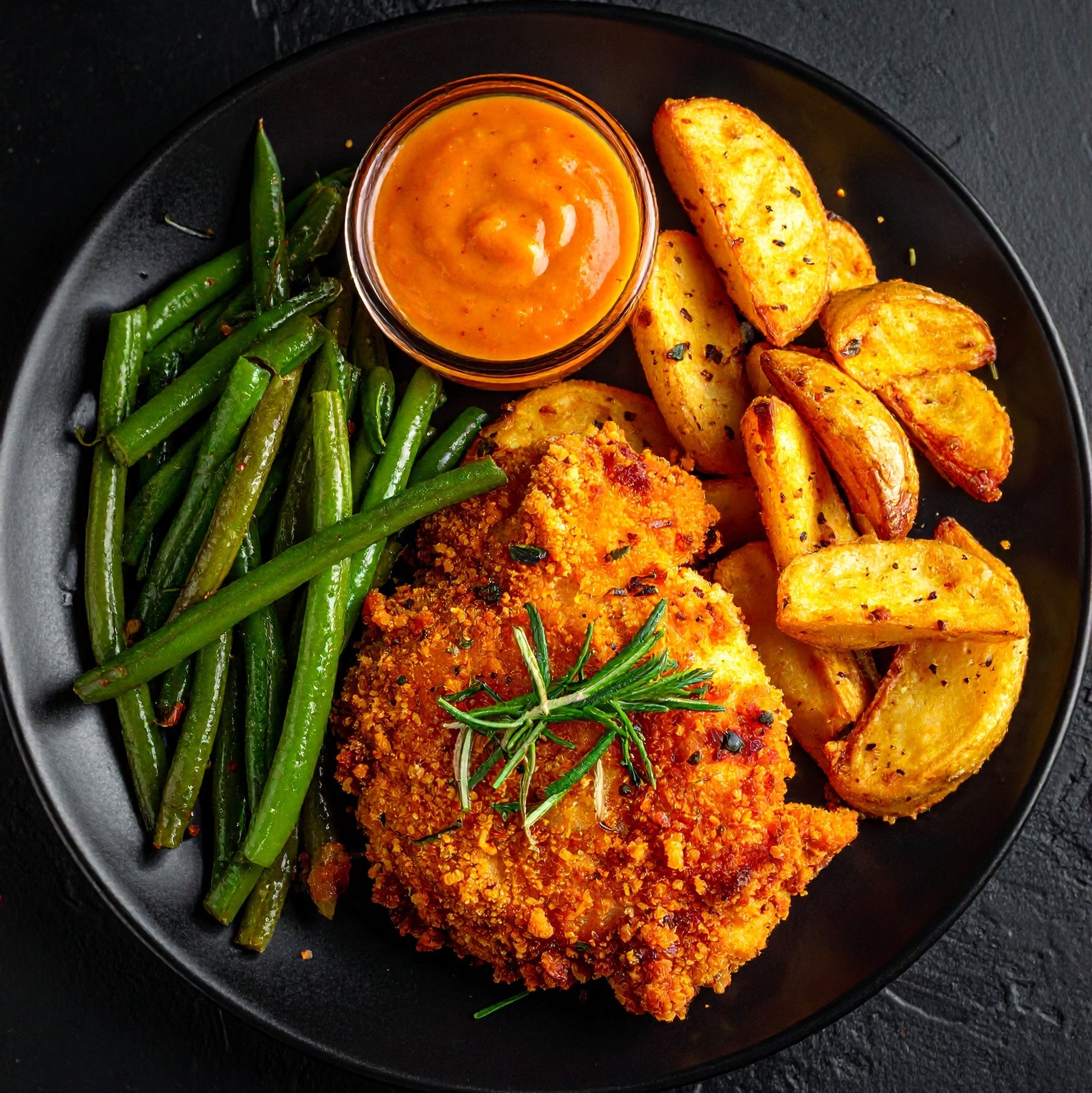  Poulet Crispy Halal, Sauce Smokey, Pommes de Terre Rôties &amp; Haricots Verts