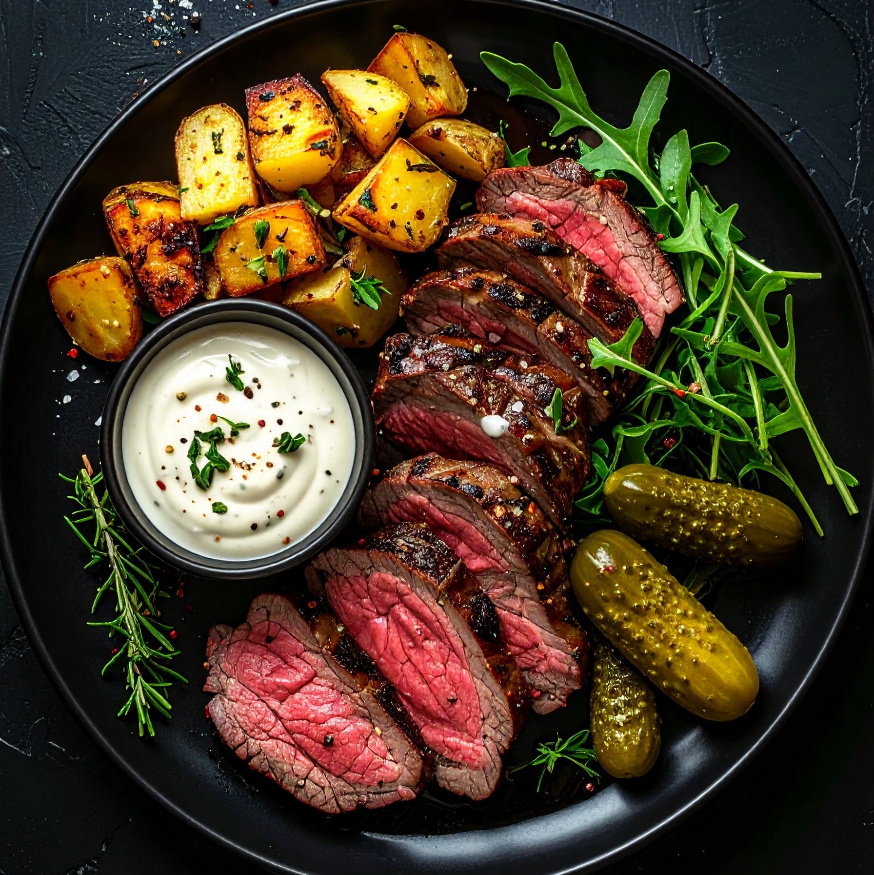 Tranches de Rôti de Bœuf, Sauce Tartare, Cornichons, Pommes de Terre Rôties&nbsp;&amp; Roquette