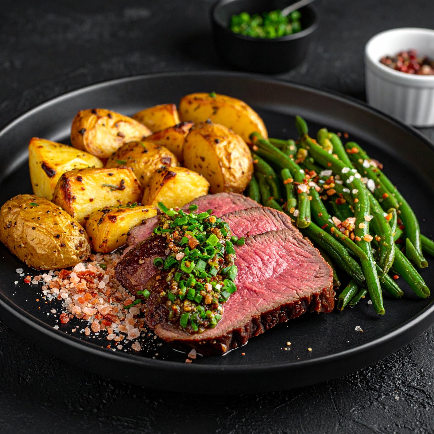 Tranche de Bœuf Rôti, Marinade à la Ciboulette et au Sel Fumé, Pommes de Terre Rôties &amp; Haricots Verts