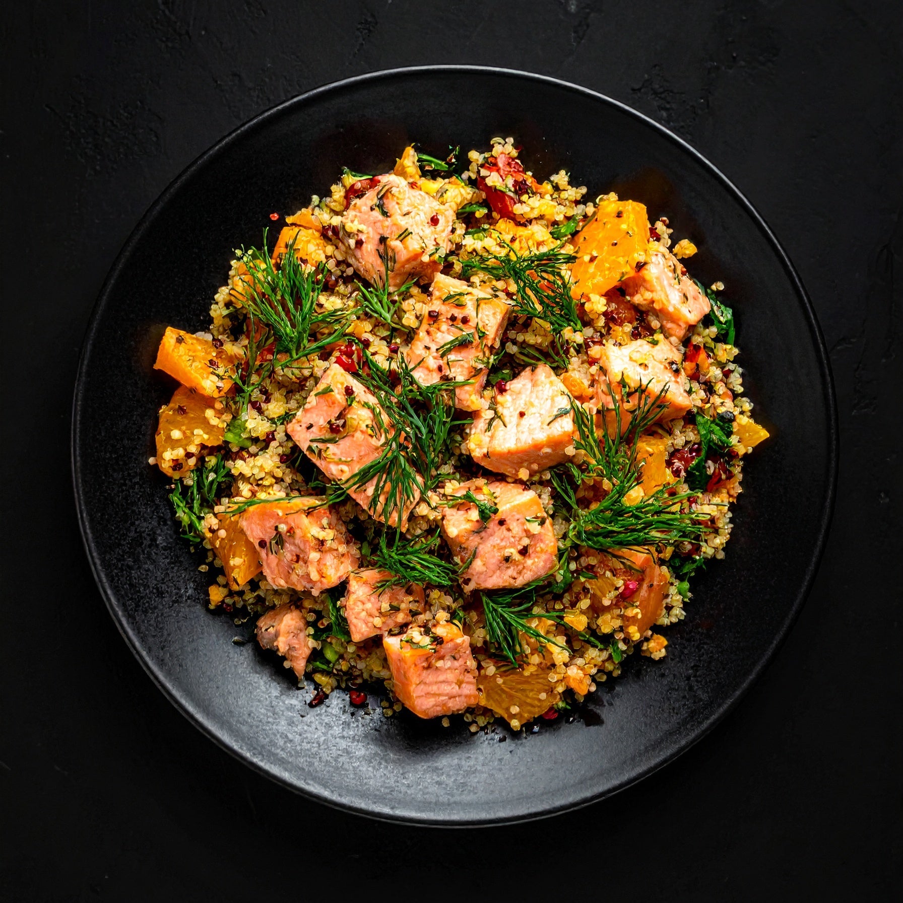  Effiloché de Saumon, marinade aux Agrumes et à l’Aneth &amp; Quinoa &amp; Légumes