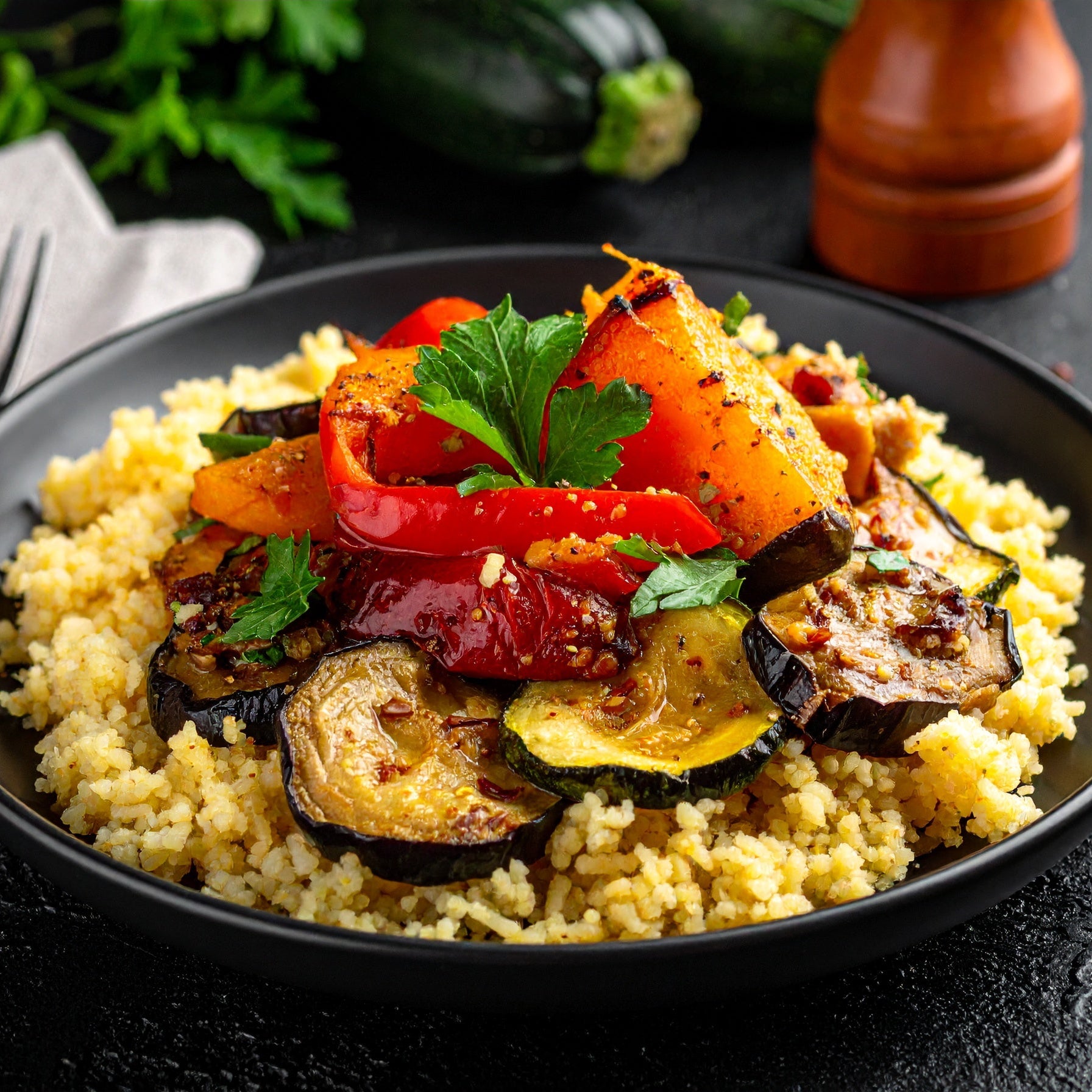 Courgette, Aubergine, Poivron Rouge, Butternut, Cumin et Miel, Accompagnés de Boulgour