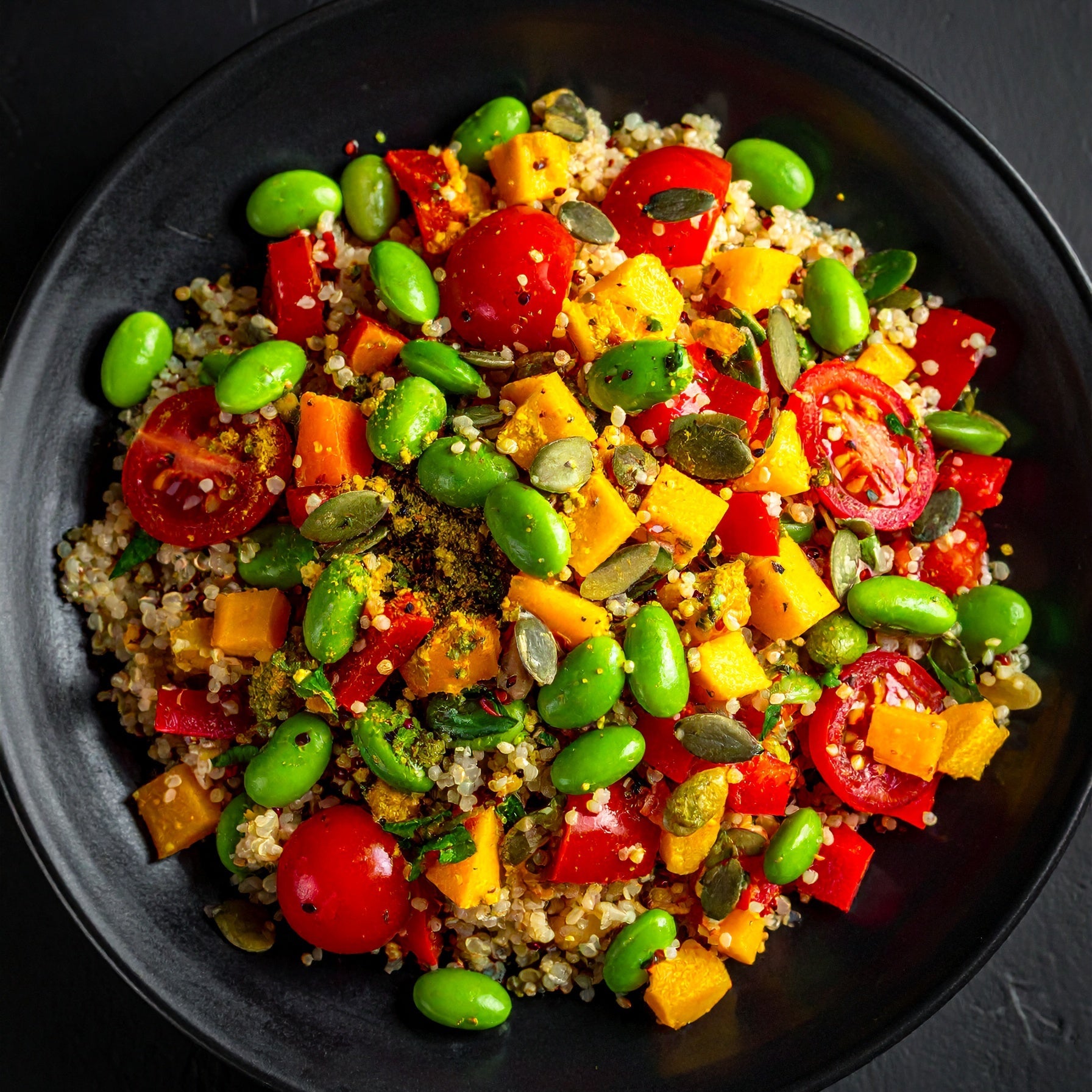 Quinoa Blanc et Rouge, Edamame, Tomates, Poivrons,Graines de Courge,Curry Vert &amp; Curcuma