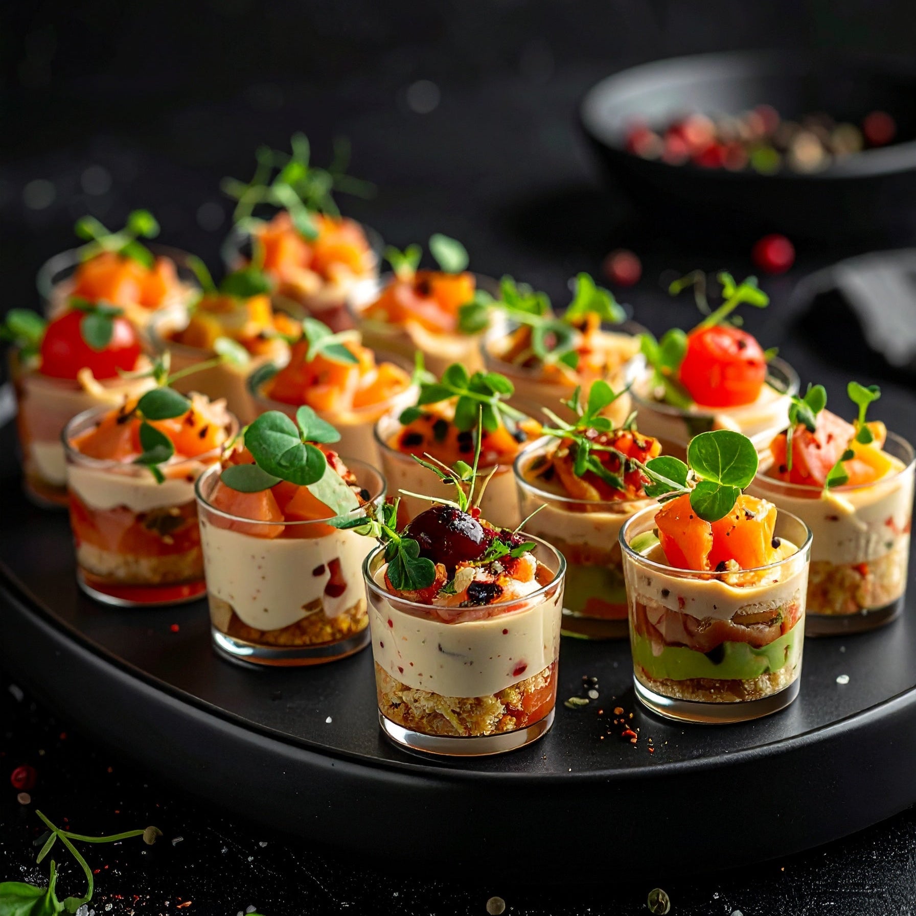 Verrines :Saumon fumé et oeufs de Truite,  Ratatouille et Fromage de Chèvre, Guacamole et Cabillaud