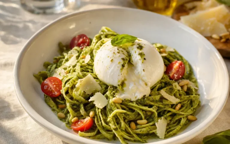 Assiette creuse garnie de tagliatelles au pesto avec une burrata ouverte au centre, des demi-tomates cerises, des copeaux de parmesan et des pignons de pin.