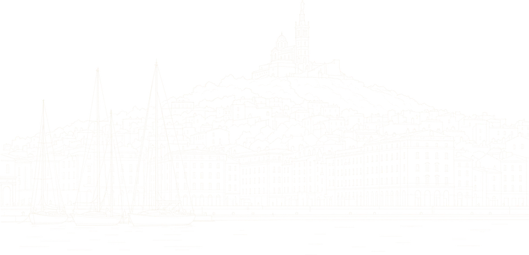 Dessin au trait du Vieux-Port de Marseille et de Notre-Dame de la Garde